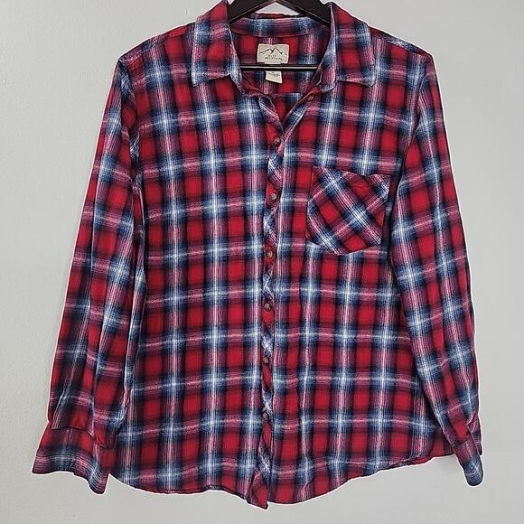 Blue Mountain Women’s 1X Flannel Shirt Red Blue White Plaid 100% Cotton EUC Plus - Picture 1 of 5